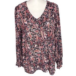 J Jill Paisley Ruffle Neck Blouse Top Women’s Medium Black Pink Girly V Neck